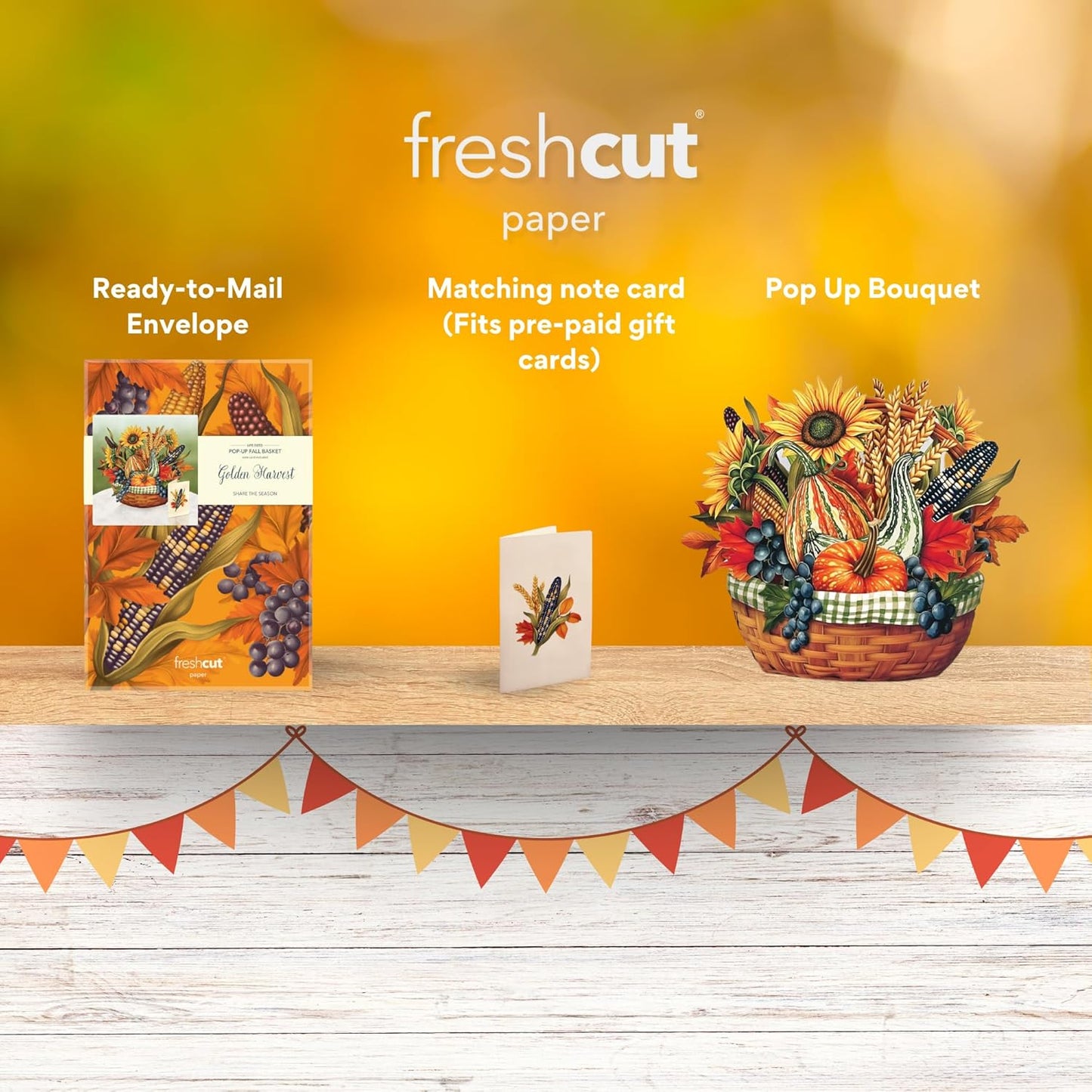 Freshcut Paper Pop Up Cards, Golden Harvest, 12 Inch Life Sized Forever Flower Bouquet 3D Popup Greeting Card, Birthday Cards, Thank You Card, Blank Notecard & Envelope