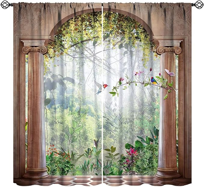 Gothic Blackout Curtains，Fantasy Spring Nature Forest Birds Pattern Drapes Window 2 Panel Rod Pocket Curtain for Bedroom Living Room Decor 21" W X 45" L