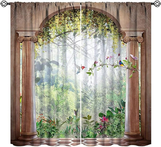 Gothic Blackout Curtains，Fantasy Spring Nature Forest Birds Pattern Drapes Window 2 Panel Rod Pocket Curtain for Bedroom Living Room Decor 21" W X 45" L