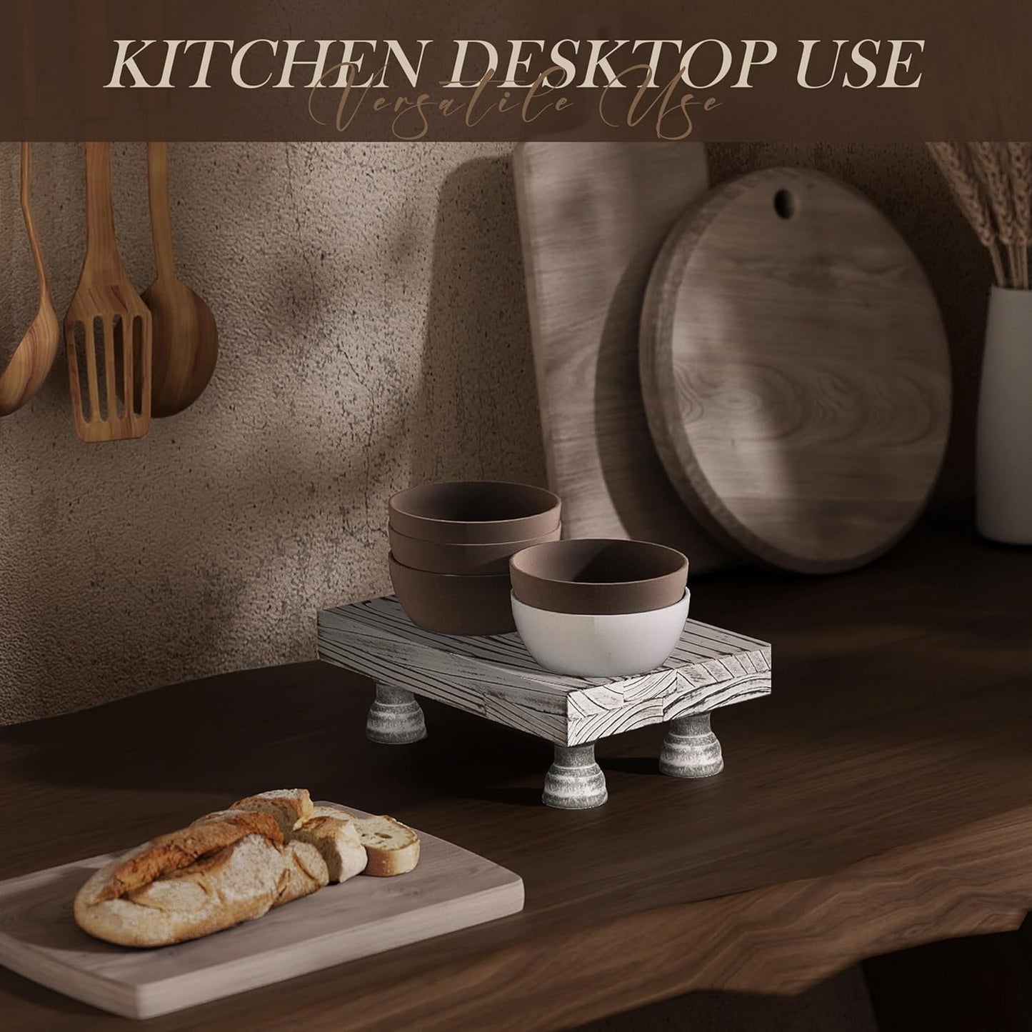 EOSAHR Boho Fir Wood Risers for Decor for Small Vanity - Decorative Risers Display Stand for Home Decor - Double as Plant Stand & Perfume Organizer (Distressed White, 8.5")