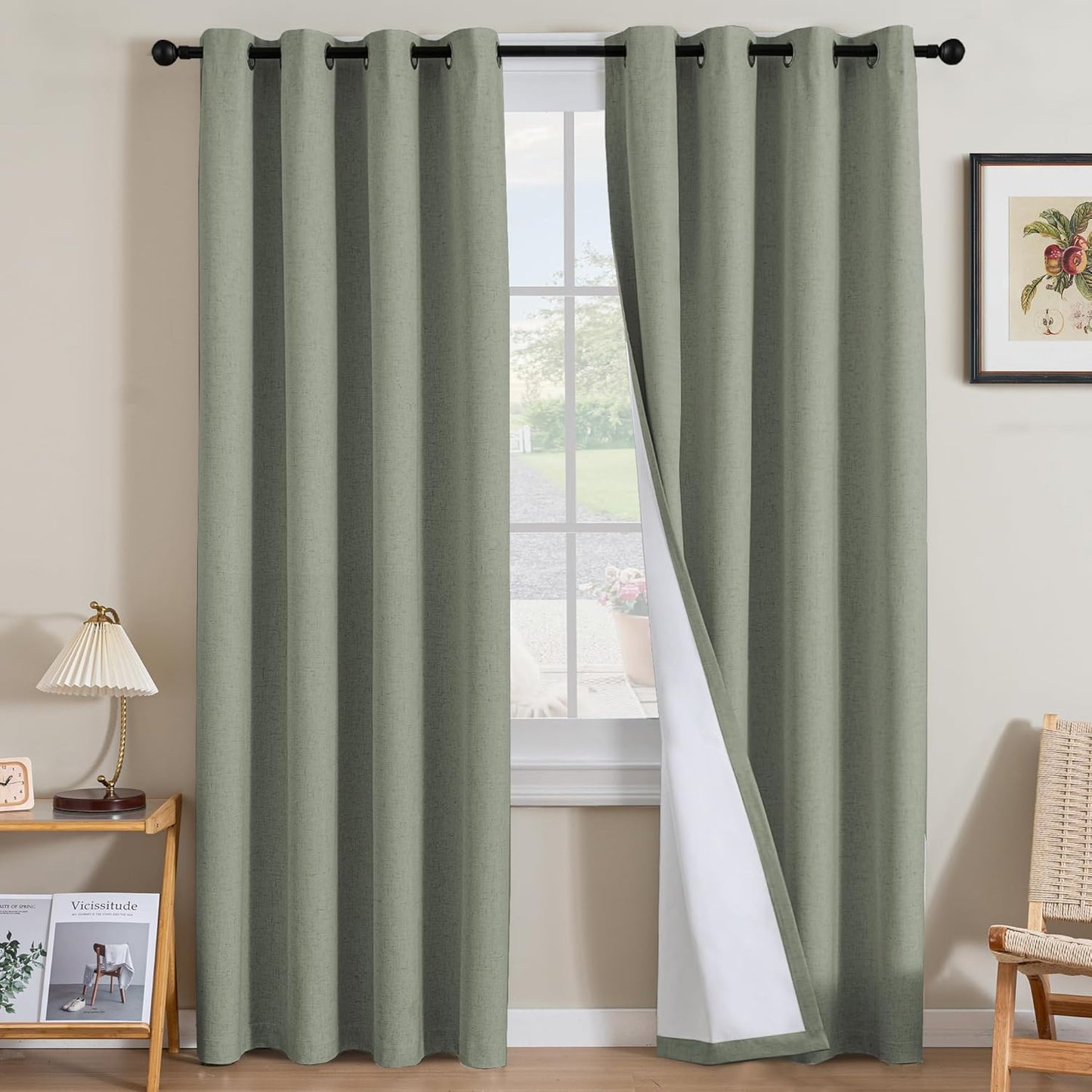 H.VERSAILTEX Linen Curtains 100% Blackout Curtains for Bedroom 84 inch Long Full Light Blocking Nature Linen Blended Window Curtains for Living Room Nickel Grommet (2 Panels, Heathered Dried Sage)