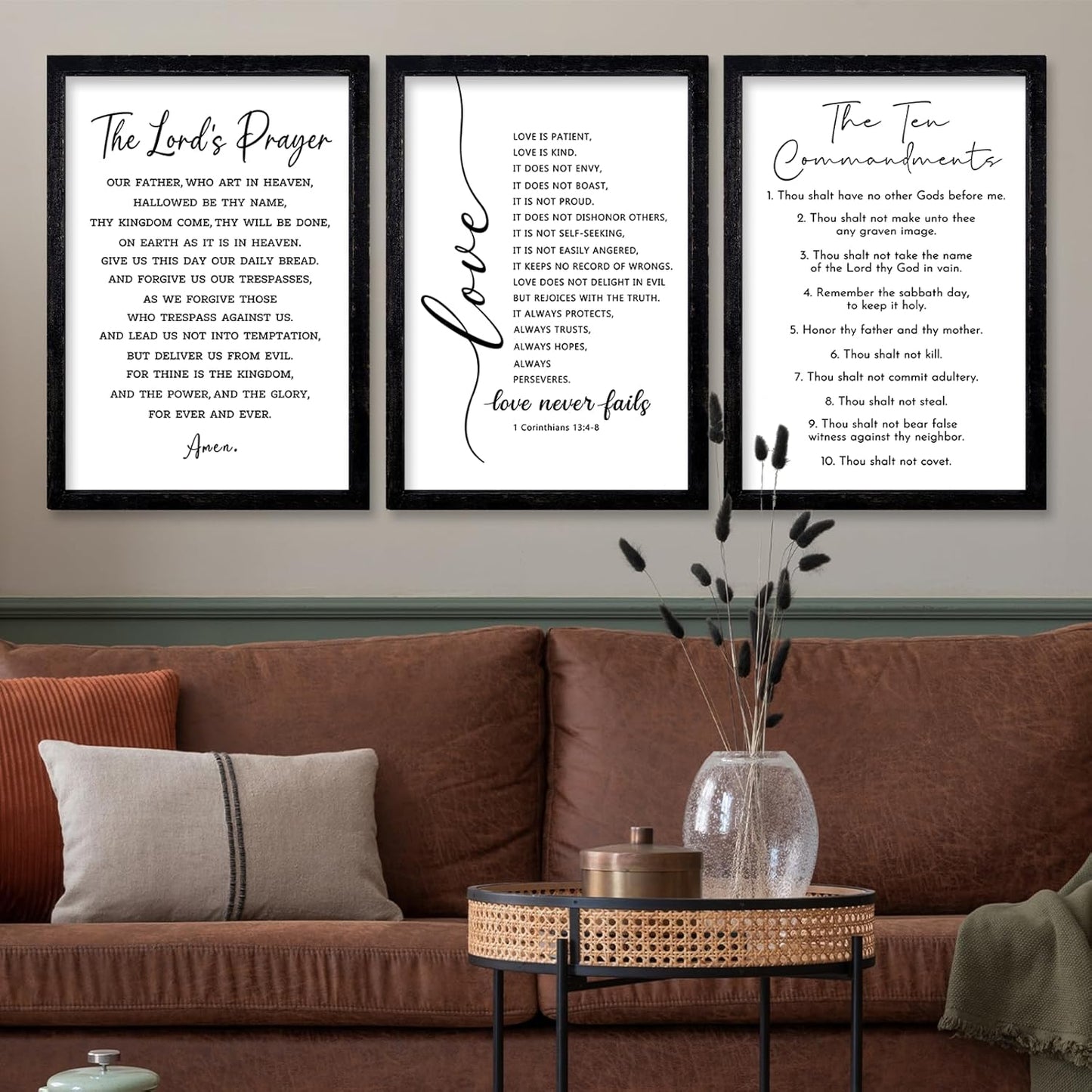 comurdyo Christian Bible Verse Wall Art 16"×11" Set of 3 Positive Religious Minimalist Quotes Sign for Rustic God Jesus Christ Prayer Inspirational Catholic Scripture Decor Wood Framed Hanging (Black)