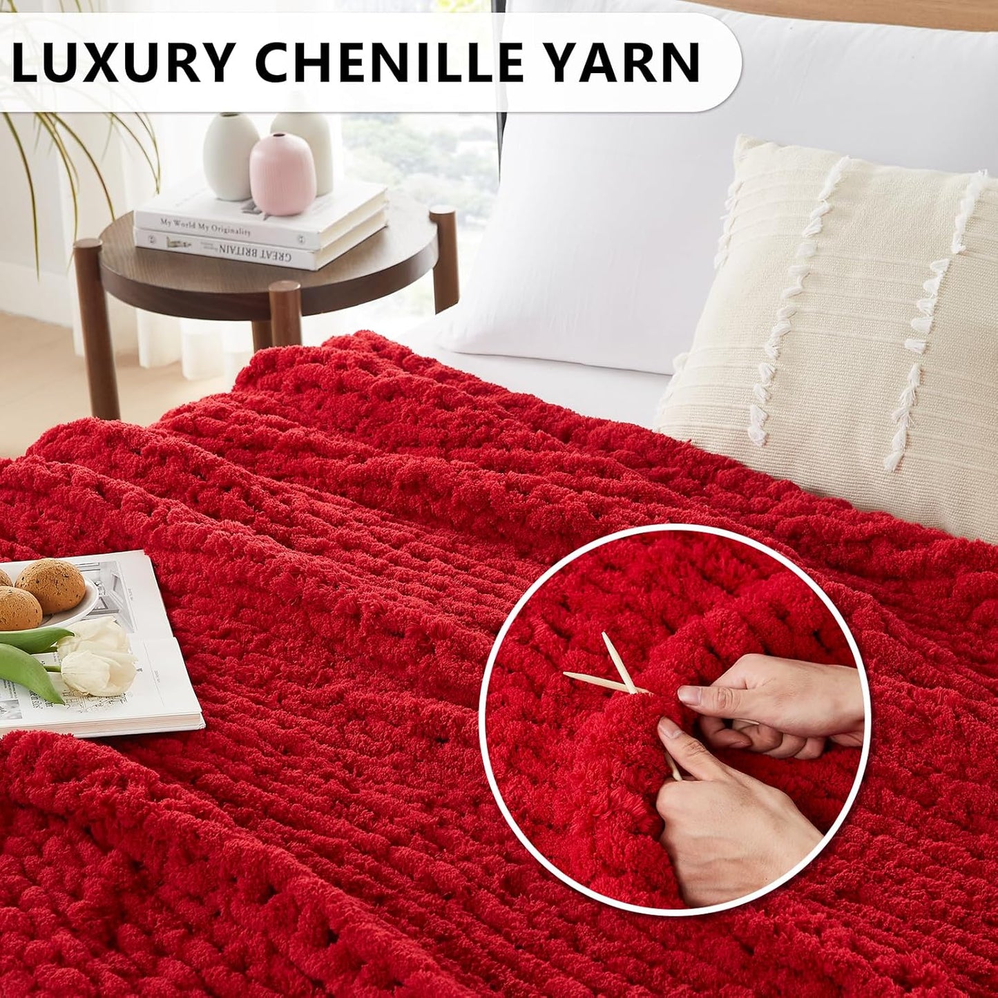 L'AGRATY Chunky Knit Throw: 72''x84'' Chenille Blanket for Bed Couch - Handmade Thick Big Cable Knit - Large Crochet Rope for Home Decor (Red)