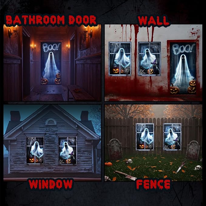 Tioncy 3 Pcs Halloween Window Door Covers Decorations Set Ghost Scary Halloween Window Curtains Boo Spider Web Pumpkin Pattern Banner Porch Indoor Outdoor Decoration