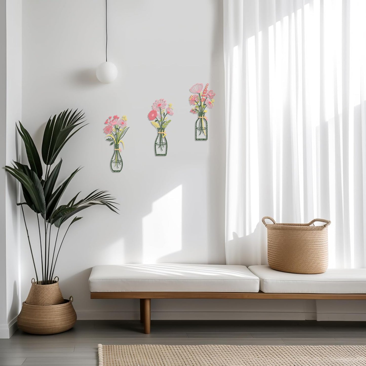 Iron Metal Vase Flower Wall Art Set of 3 - Minimalist Black Floral Decor for Living Room Bedroom Kitchen, Office Garden - Modern Farmhouse Home Decor & Housewarming Gifts (Green-Pink)