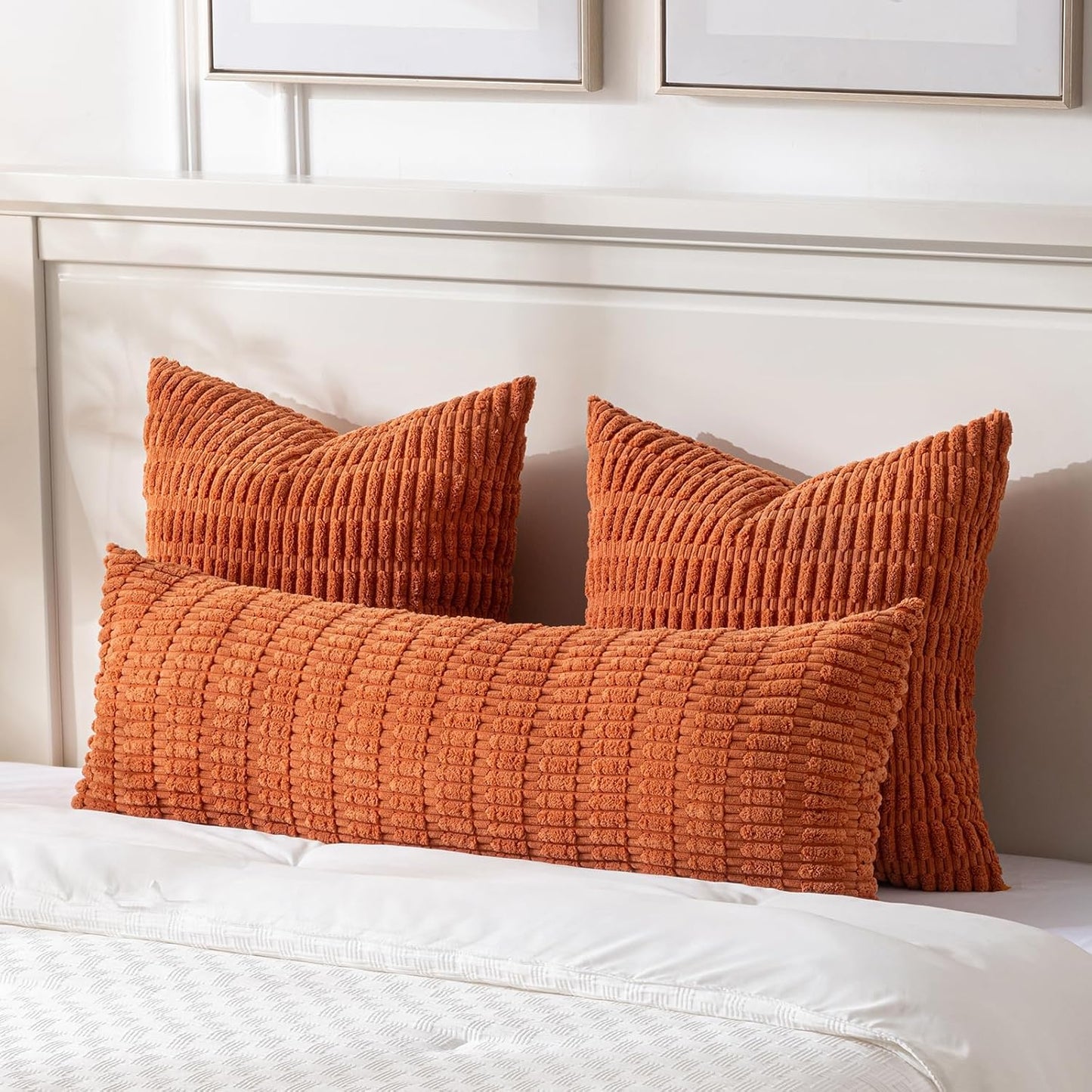 Fancy Homi Burnt Orange Long Body Lumbar Decorative Throw Pillow Cover 14x36 Inch for Bedroom Couch Bed Sofa, Farmhouse Boho Fall Room Decor, Soft Striped Corduroy Rectangle Pillow Case
