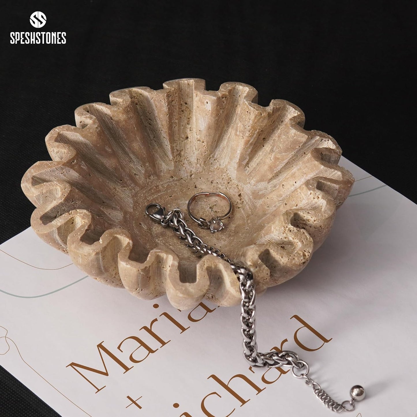 Marble Ruffle Bowl 6 Inch Handmade Travertine Small Decorative Key Bowl for Entryway Tables - Scalloped Bowls for Dining, Coffee Table Centerpieces & Home Decor