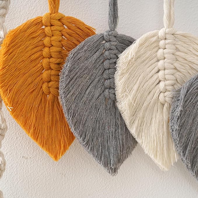 Macrame Wall Hanging Shelf, Bohemian Woven Tapestry Chic Woven Leaf Tassels Home Deco, Boho Handmade Wall Art Floating Shelf for Living Room, Bedroom, Nursery Backdrop, Apartment (White+Yellow+Grey)