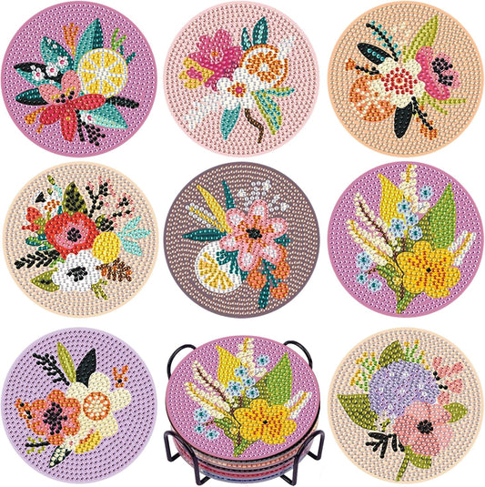 DOTSOPS Flowers Diamond Painting Coaster with Holder 5D Diamond Art Kits for Adults Round Full Drill Beginners Gem Dots Craft Arts Supplies Party Home Decor 8pcs