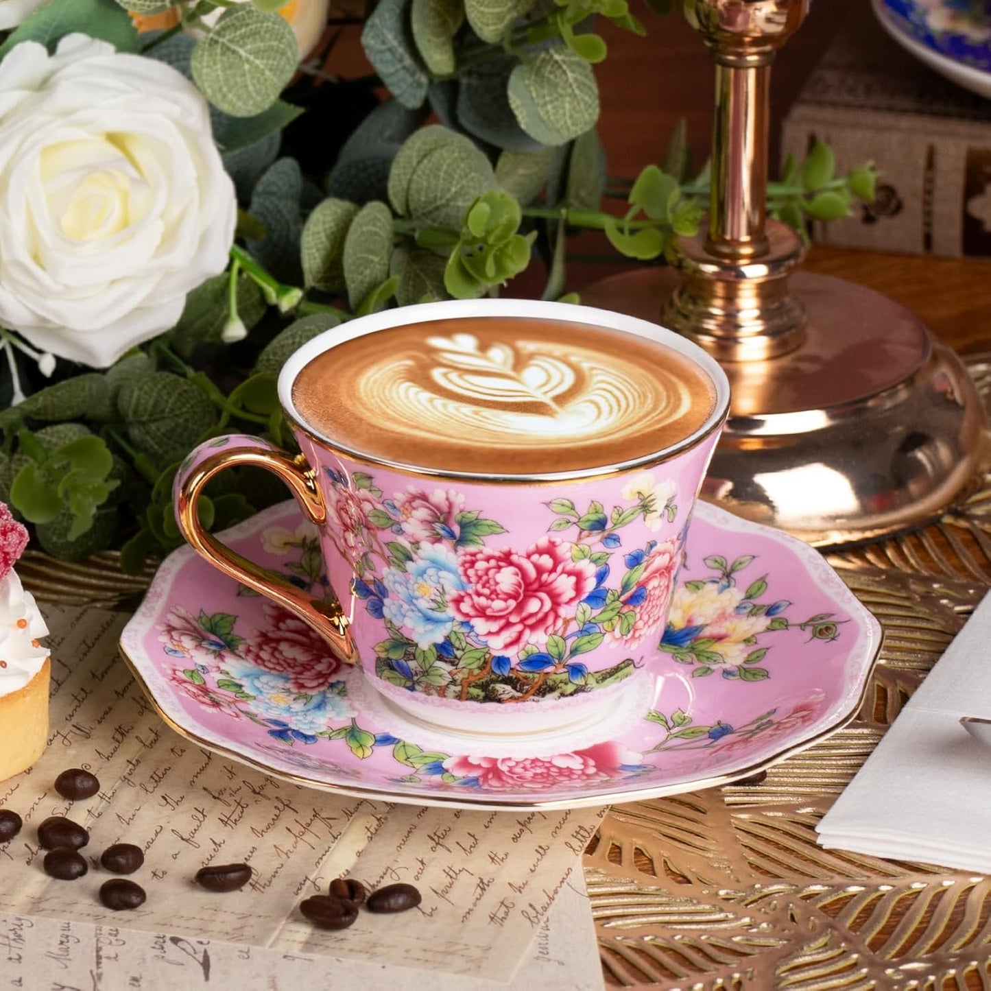 KAMMAK Ceramic Coffee Cups and Saucers Set of 2, Porcelain Espresso Cups with Saucers, 7oz Handcrafted Ceramic Floral Coffee and Tea Cup, Vintage Drinkware for Tea Party, Office, Women Gifts