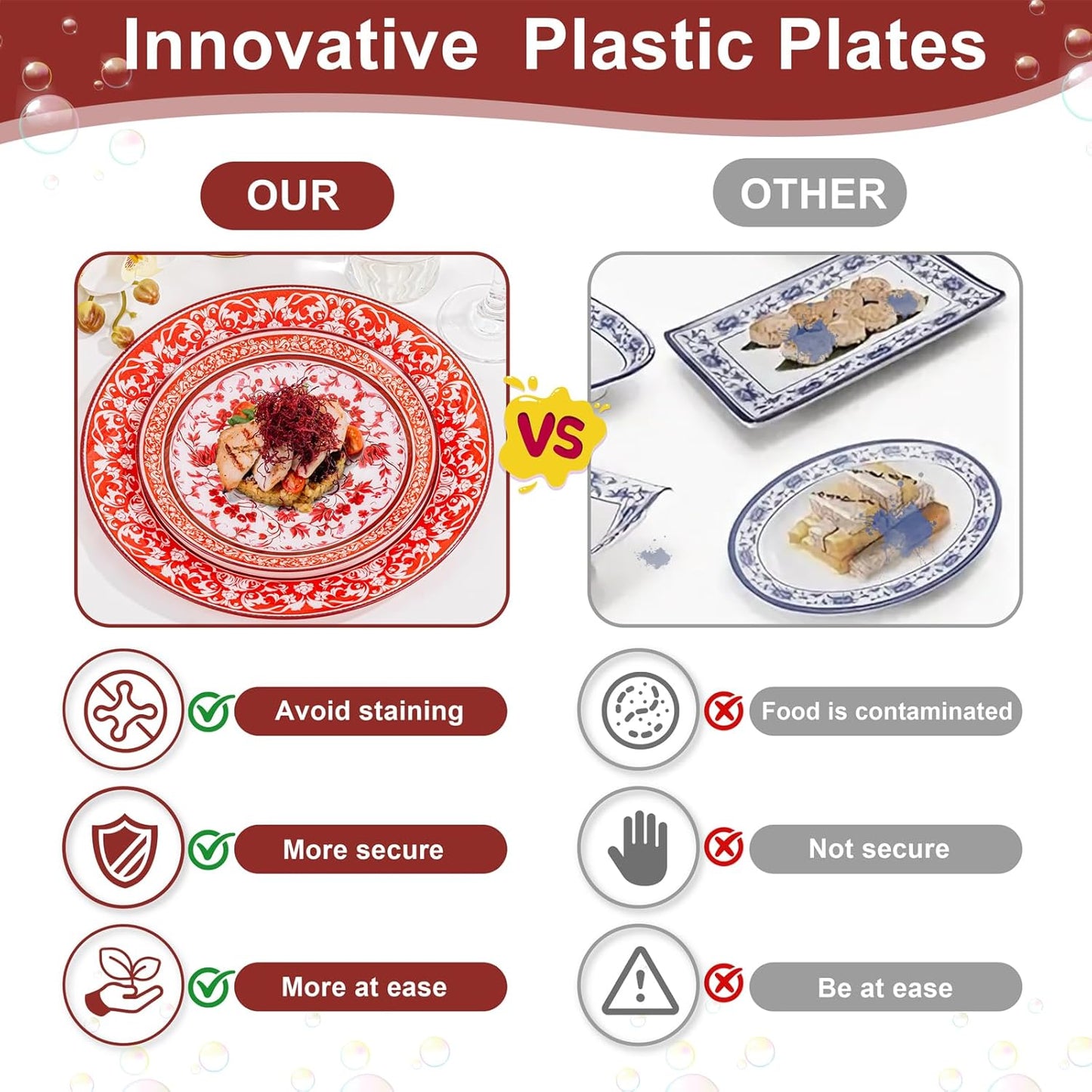 Hioasis 60pcs Red Plastic Plates Set - Floral Red & White Porcelain Design, 10.25" Dinner & 7.5" Dessert Plates Disposable for Wedding/Party (Dishwasher Safe, Art Style)