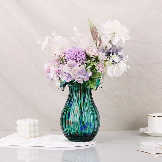 Hand Blown Green Glass vase, Decorative Wide Mouth Glass vase for Home Living Room, Fireplace Decorations, Table centerpieces, entryway Tables and Wedding Decorations.