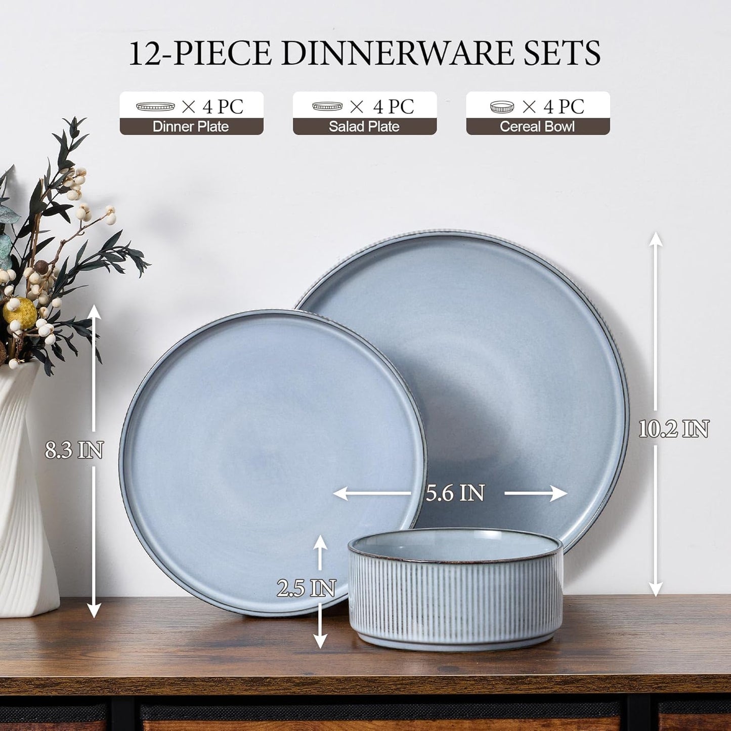 E-far 12-Piece Plates and Bowls Sets, Stoneware Dinnerware Dishes Sets for 4, Kitchen Modern Dining Dishware, Chip & Scratch Resistant, Microwave & Dishwasher Safe, Dusty Blue