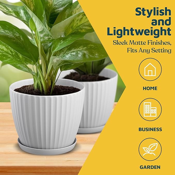 White 6-Inch Plant Pots with Drainage & Saucers 12 Pack, Indoor & Outdoor Planters for Houseplants, Herbs, and Flowers, Durable & Weatherproof Material, Stackable, Lightweight, Minimalist Design