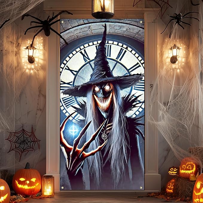 IVN Halloween Door Cover Clock Tower Witch Horror Enchanted Night Decor Photot Backdrop 35x71 Inch Festive Ornate Ornament Home Porch Decor Spooky Welcome Door Banner Outdoor Indoor Decoration