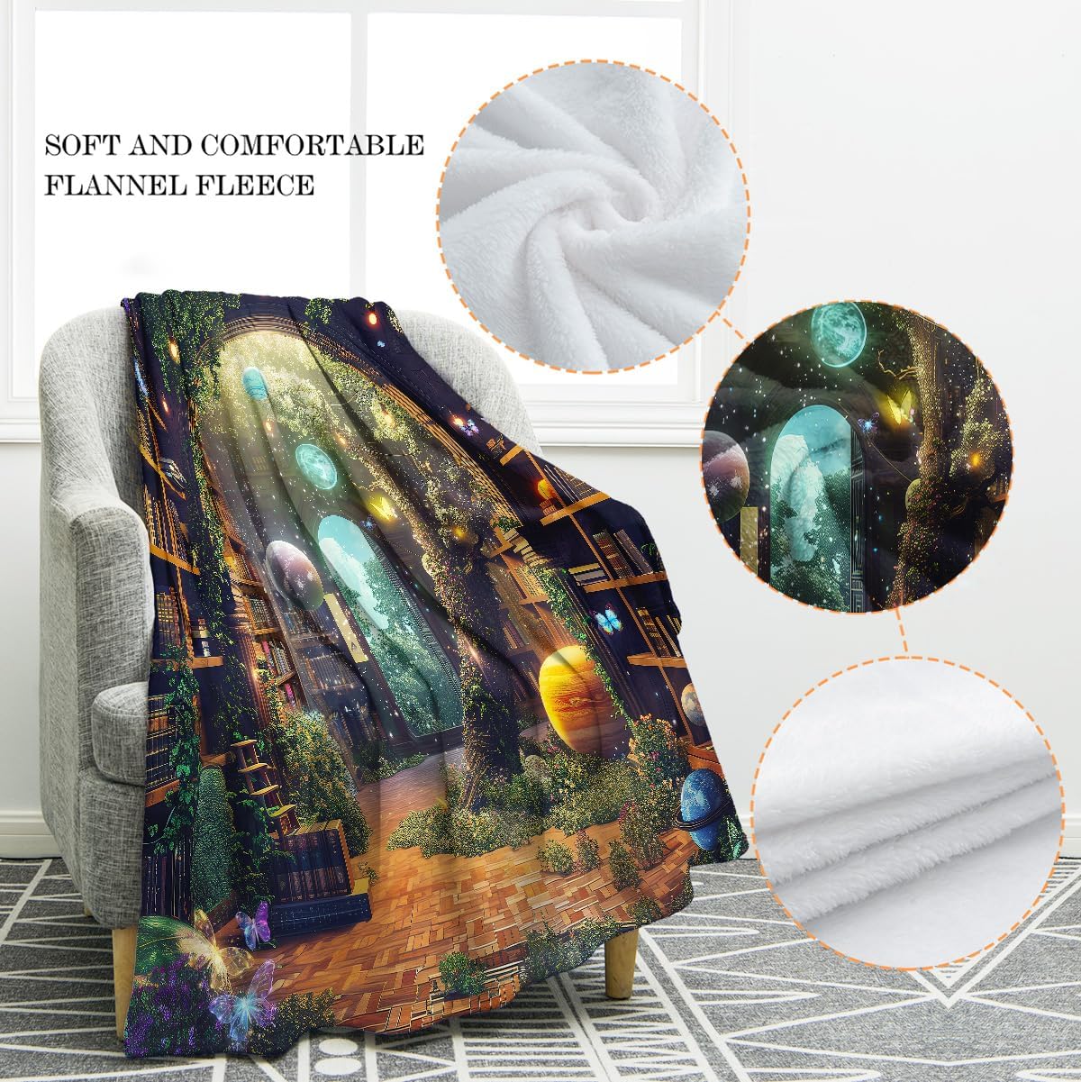 Jekeno Starry Sky Planet Bookshelf Blanket Gifts for Women Men Kids Halloween Birthday Christmas Library Book Bookcase Mysterious Tree Flowers Decor Bedroom Study Classroom Living Room Throw 60"x80"