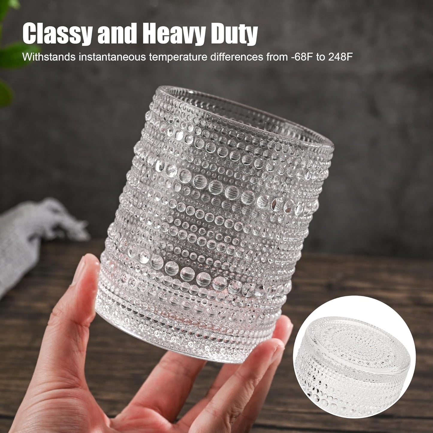 Hobnail Drinking Glasses Set of 6,12oz Vintage Glassware Embossed Vintage Water Cups Cocktail Glasses Juice Glasses