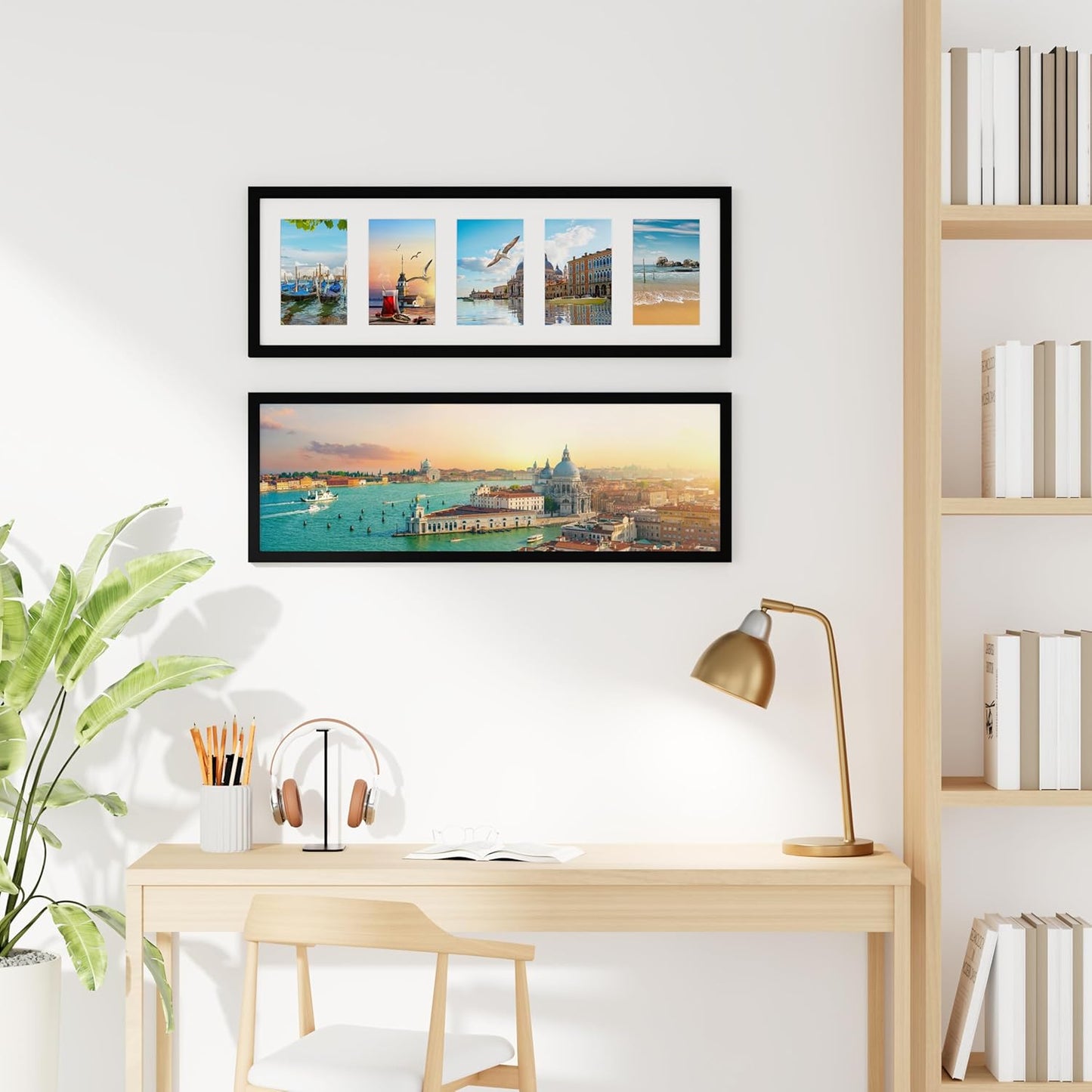 decorUhome 8x24 Picture Frames Collage Wall Decor, Display 5Pcs 4x6 Photos with Mat or 1Pcs 8x24 Unmatted, 5 4x6 Collage Picture Frames for Wall Mounting, Black