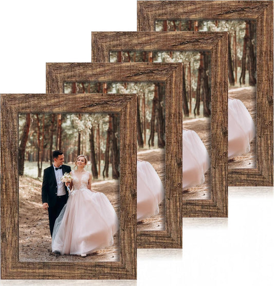 iRahmen 6x9 Picture Frame Set of 4, High Definition Real Glass Rustic Wood Frame, 6 x 9 Photo Frames for Tabletop Display and Wall Mounting