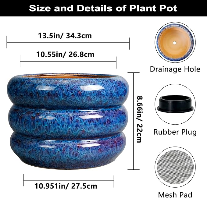 SQOWL Ceramic Pot for Plants 13.5 Inch - Outdoor Planter Large Plant Pot Indoor with Drainage Hole Round Flower Pot Mid-Century Planter for Patio Outdoor Decor Blue