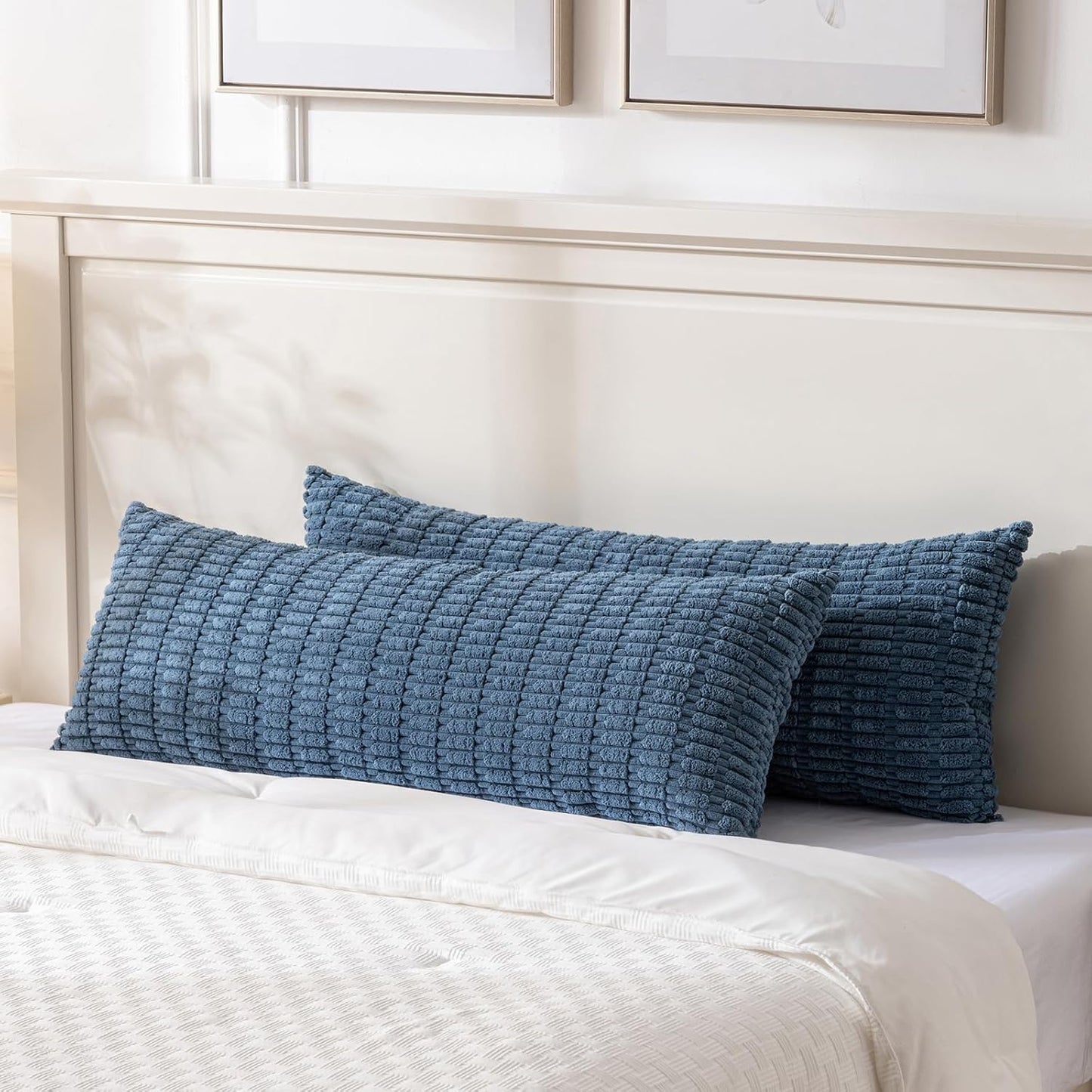 Fancy Homi Dusty Blue Long Body Lumbar Decorative Throw Pillow Covers 14x36 Inch for Bed Couch Bedroom Bench, Soft Corduroy Rectangle Solid Pillow Case, Rustic Farmhouse Boho Room Decor