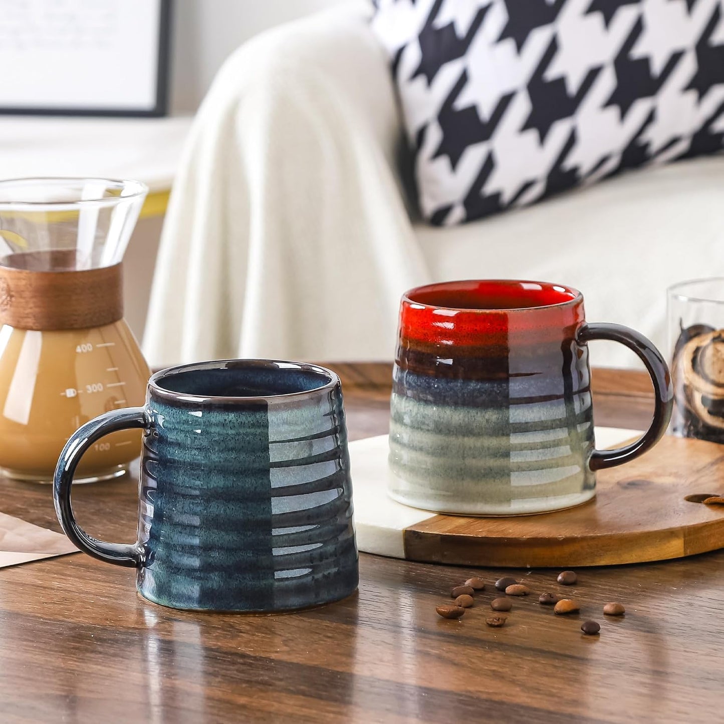 Large Ceramic Coffee Mugs, Handmade Pottery Mug, Tea Cups with Handle for Office and Home, 16 oz, Dishwasher and Microwave Safe (Ink Red)