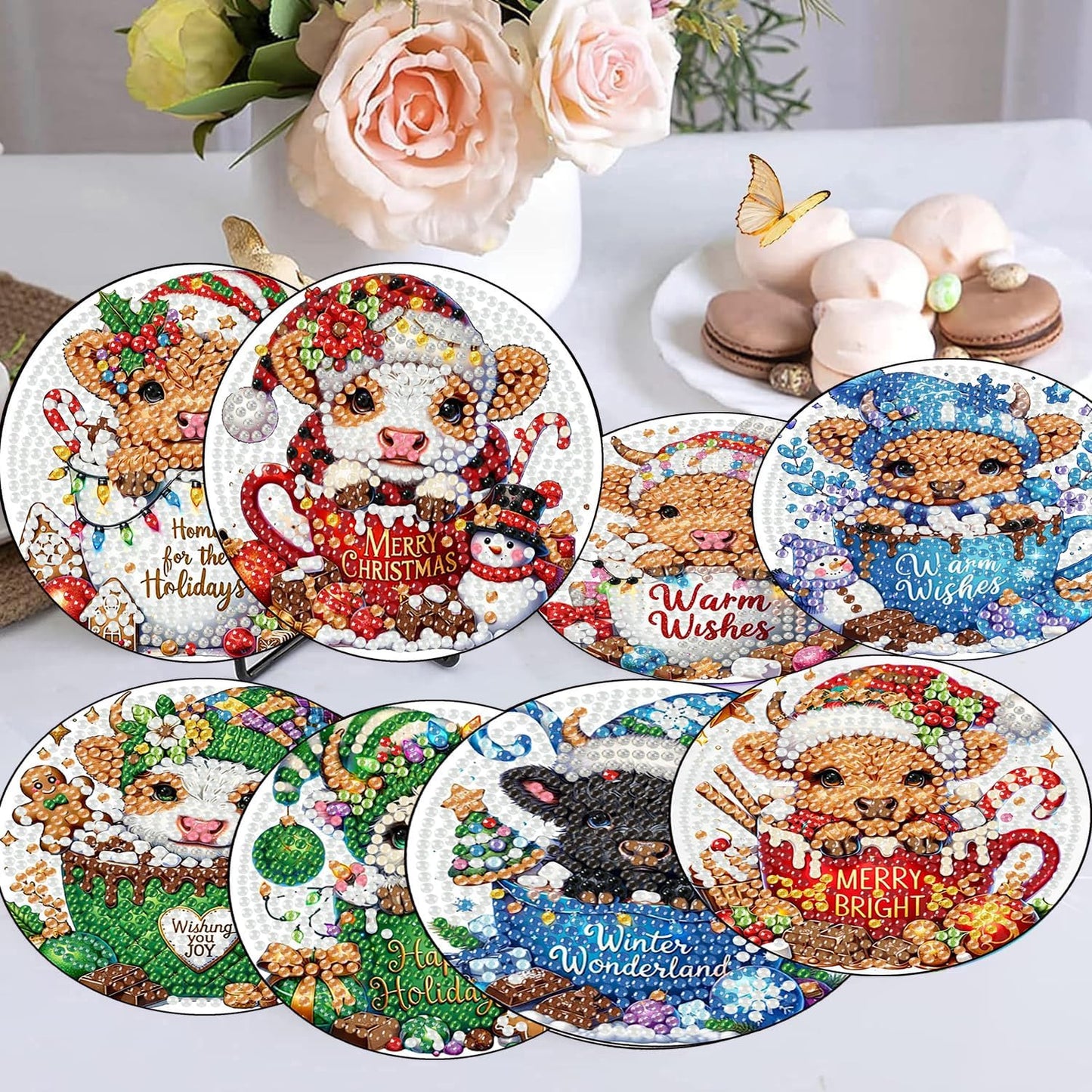 Meothan 8 Pcs Diamond Art Coasters Kits for Adults with Holder Cork Pads, Highland Cow Diamond Dots Art Painting Coasters Crafts Kit for Home Office Decor (Christmas Theme)
