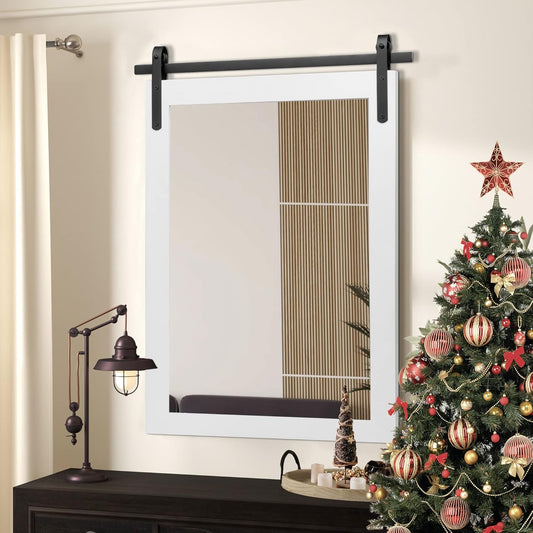 Farmhouse Bathroom Mirror, White Rustic Square Mirror for Wall Wood Framed Vanity Mirrors, Barn Door Style Decor Living Room Entryway Bedroom Mirrors, 24x36INCH (Hanging/Leaning)