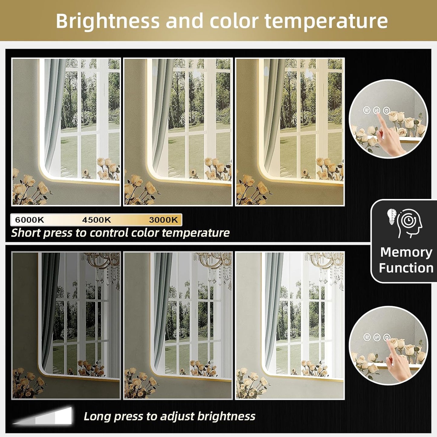LED Mirror for Bathroom 40X28 Inch Gold Framed with Anti-Fog, Stepless Dimmable, Front Lit, LED Bathroom Vanity Mirror for Wall, Memory Function, Shatter-Proof