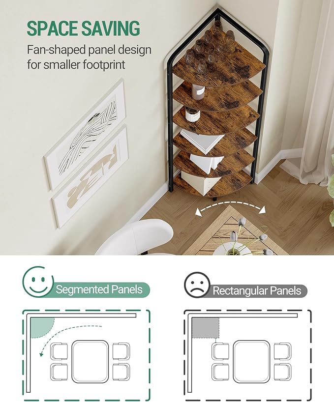 Corner Shelf Stand, Corner Bookshelf, Plant Shelf, Corner Display Rack, Standing Shelf with Metal Frame for Living Room, Bathroom, Kitchen, Industrial Style, 6 Tier Rustic Brown CS06601B