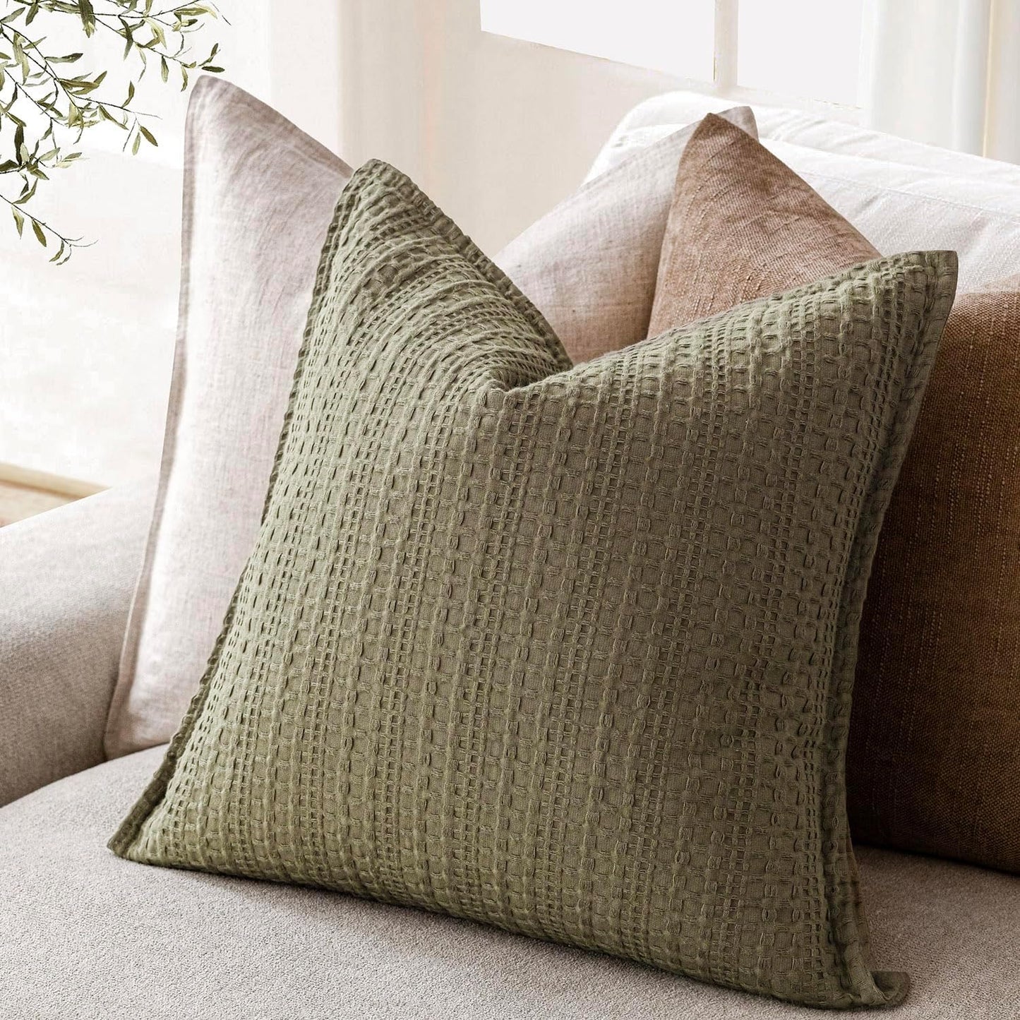 Foindtower Set of 2 Decorative Cotton Waffle Weave Throw Pillow Covers Euro Shams Cushion Covers Accent European Pillowcase for Bed Couch Sofa Bedroom Living Room Home Decor 22×22 Inch Olive Green