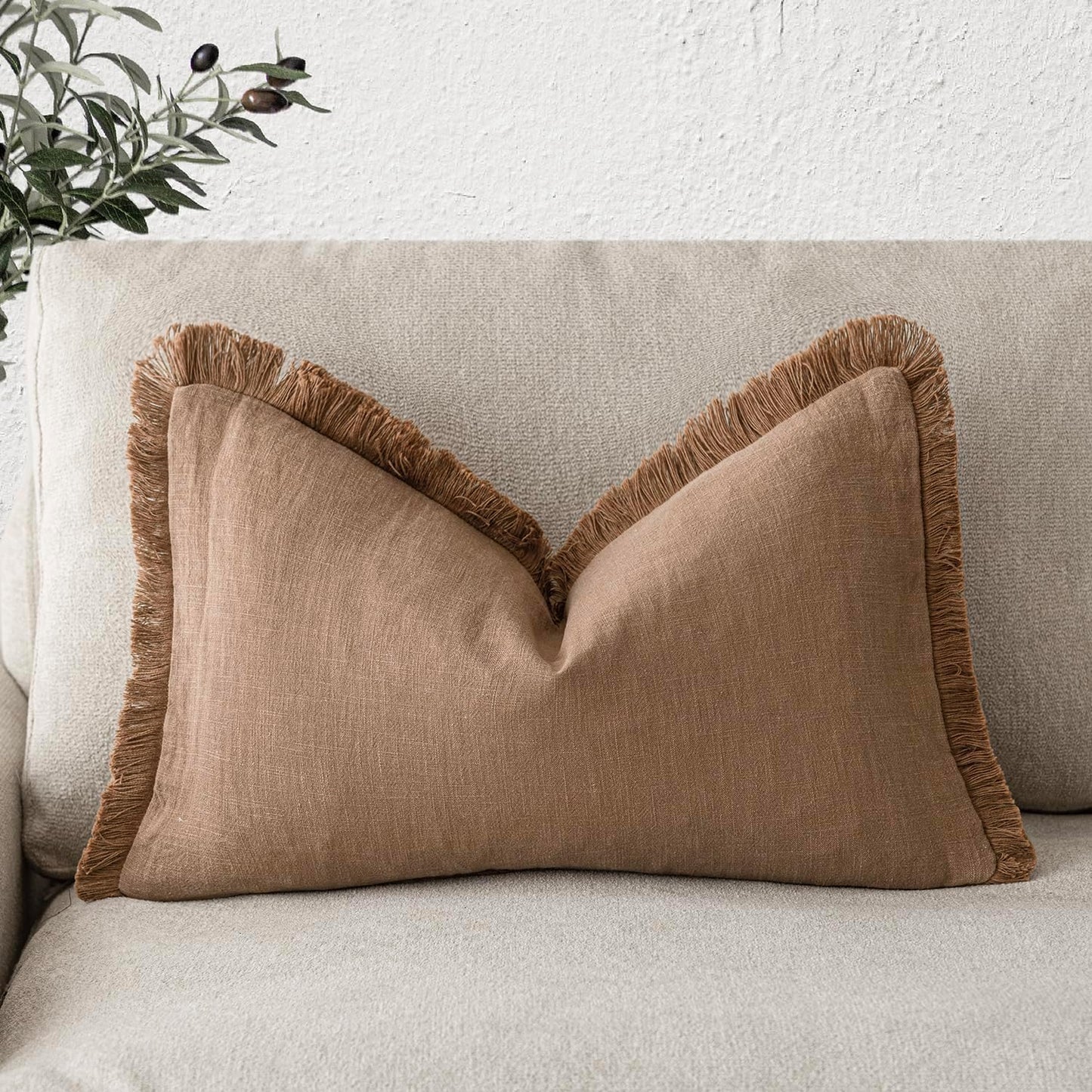Foindtower Decorative Linen Fringe Lumbar Throw Pillow Covers Cozy Boho Farmhouse Cushion Cover with Tassel Soft Accent Pillowcase for Sofa Bed Living Room Home Decor, 12×20 Inch, 1PC, Khaki Brown
