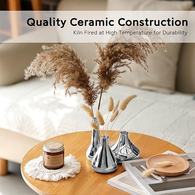 Silver Vases (Set of 3) by Port&Petal – Small Bud Vases 3.5-5” Tall with Reflective Finish | Silver Home Decor, Accent for Living Room, Table Decor, Wedding Table Centerpiece Decoration