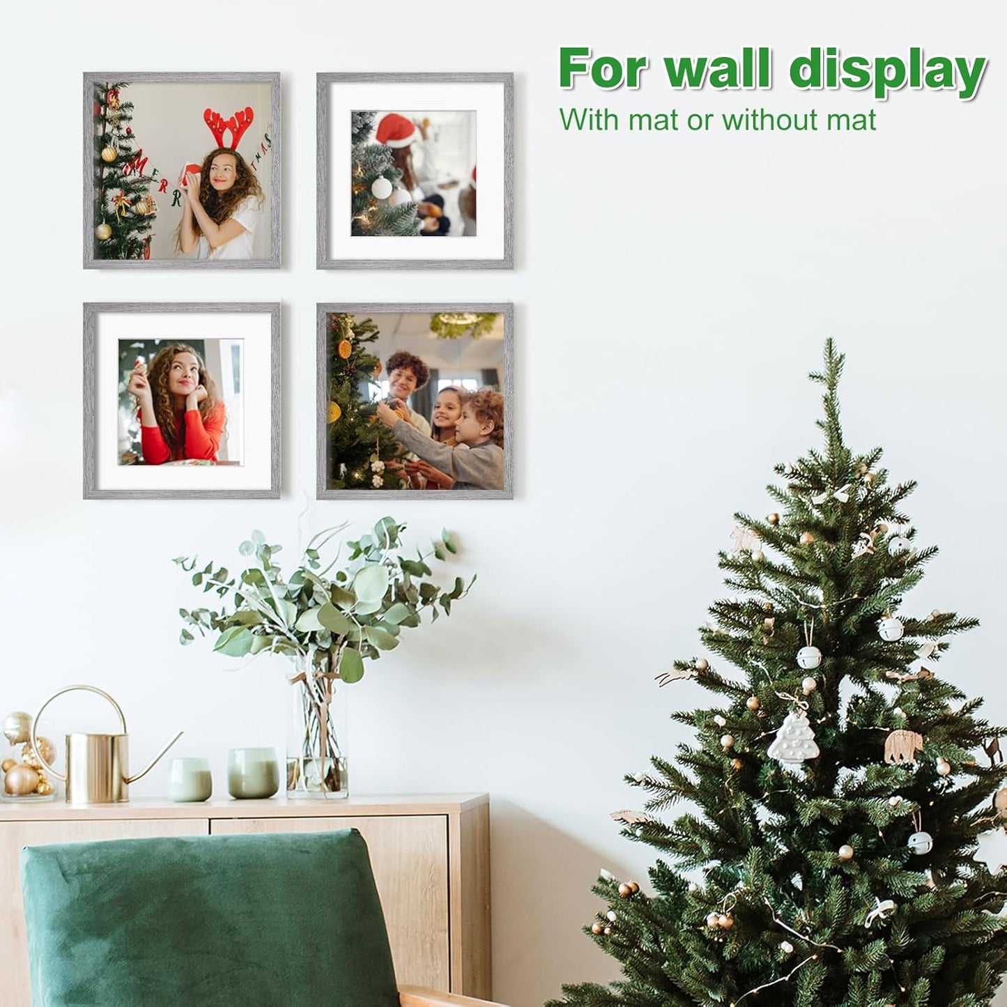 KINLINK 16x16 Picture Frame, Grey Square Solid Wood Frames for Pictures 12x12 with Mat or 16x16 without Mat, Wall Display Photo Frames Grey Wood 4 Pack