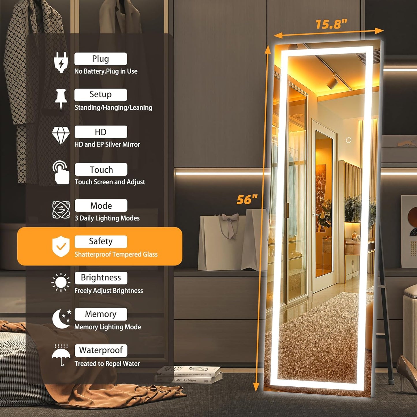 Hasipu Full Length Mirror with Lights, 56" x 15.8" LED Floor Mirror, Full Body Dressing Standing, Hanging Mounted Mirror for Living Room Bedroom Cloakroom, Square Black