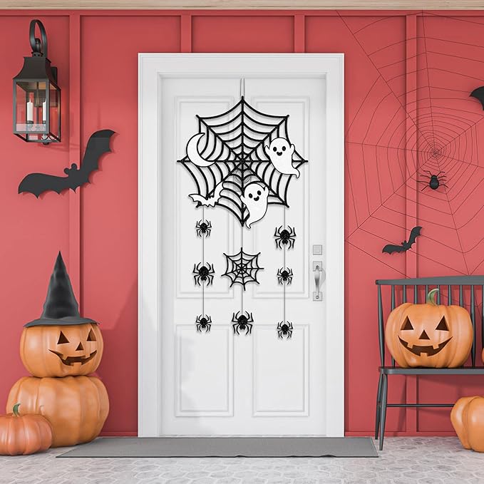 2Pcs Halloween Hanging Decorations, Spider Spiderweb Bat Ghost Door Decorations, Happy Halloween Sign Decoration Welcome Sign Hanging Ornaments for Home Wall Door Decor Party Supplies