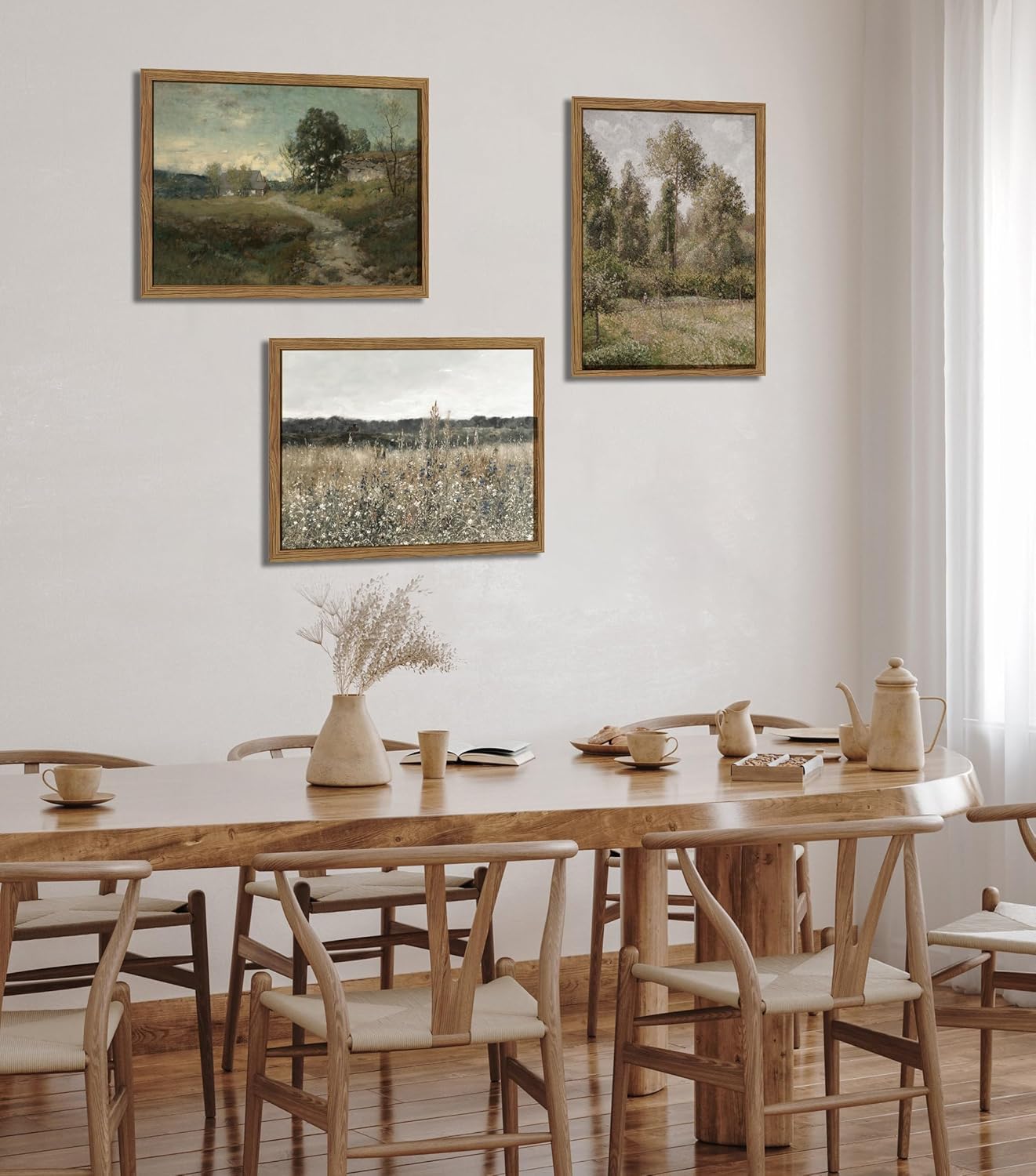 Hwetui Vintage Landscape Canvas Wall Art Framed Set of 3 Wildflower Field Poster Retro Rustic Farmhouse Prints Classical Nature Oil Painting Picture Home Decor for Living Room Bedroom Office 12x16in