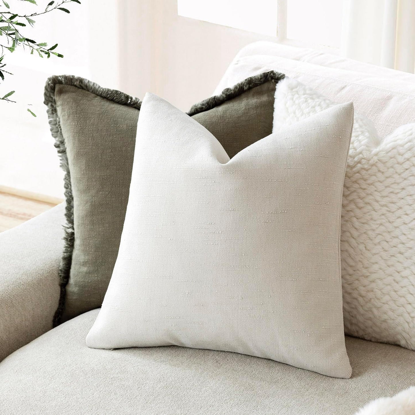 Foindtower Pack of 2 Soft Textured Throw Decorative Pillow Covers Square Accent Solid Cushion Cover Cozy Neutral Farmhouse Pillow Case for Couch Sofa Bedroom Living Room 20x20 Inch, Ivory White