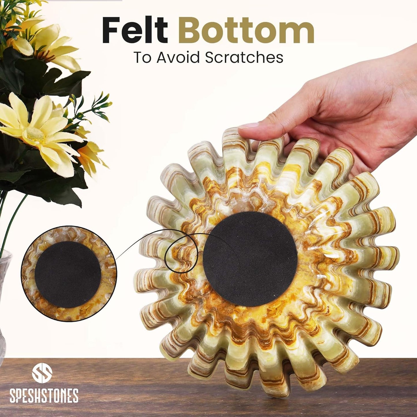 Marble Ruffle Bowl 8 Inch Green Stone Large Decorative Fruit Bowl for Kitchen Counter & Dining Table Centerpiece - Modern Fluted and Scalloped Bowls for Coffee Tables & Home Decor