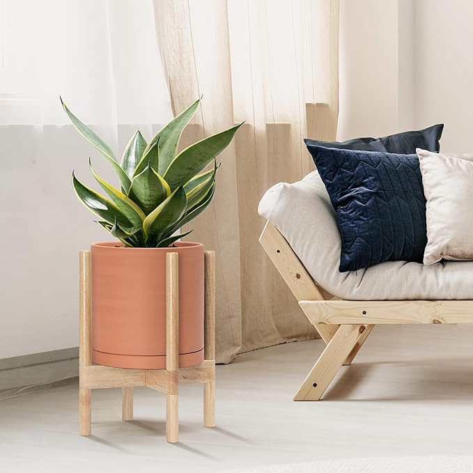 D'vine Dev Terracotta Planter with Natural Stand - 10 Inch Modern Round Flower Pot with Wood Planter Holder, Terracotta, 55-B-K-5