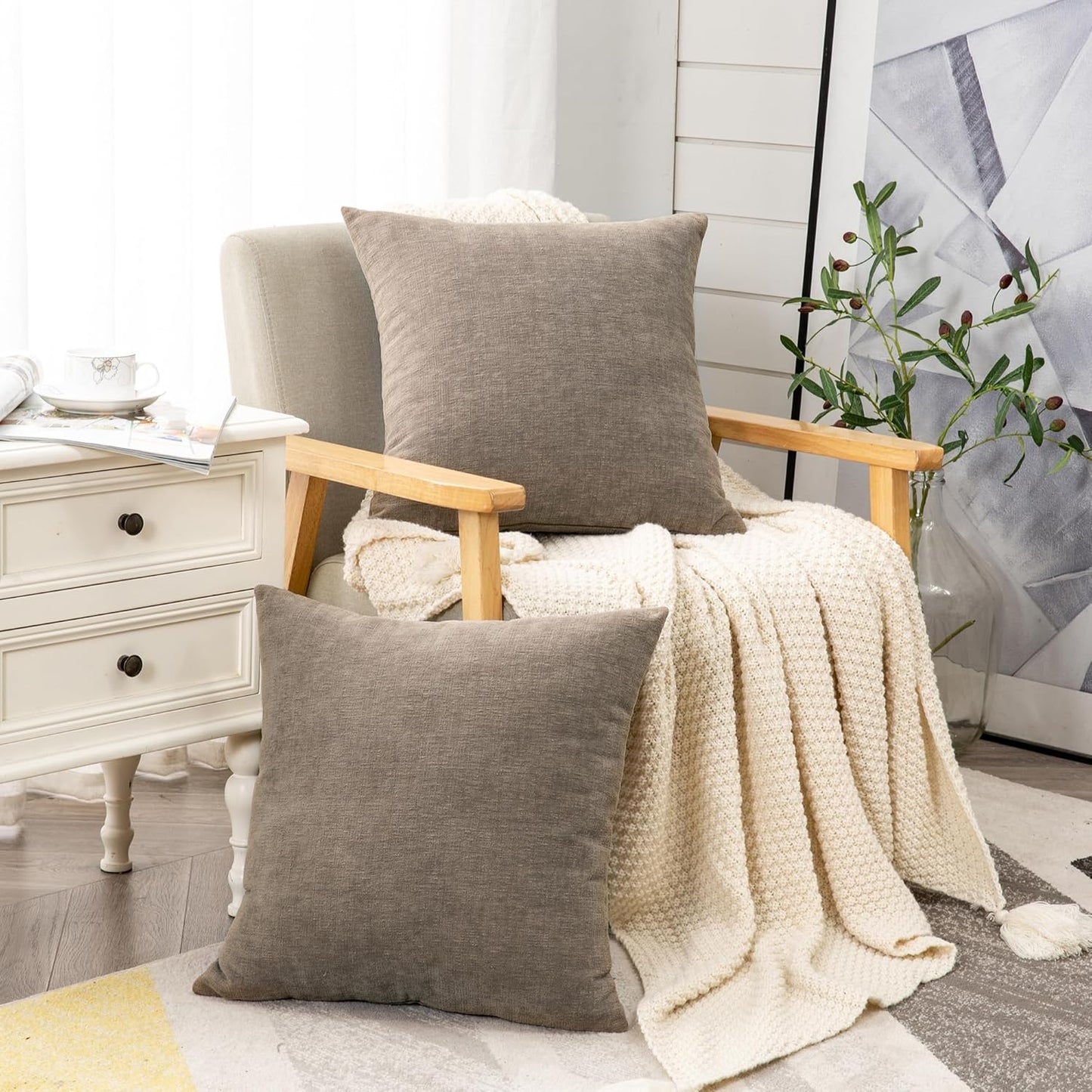 GAWAMAY Decorative Square Throw Pillow Covers 20"x20" Inch Set of 2, Super Soft Chenille Pillows Farmhouse Fall Pillowcase for Living Room Bedroom Sofa Couch Cushion Cover Taupe Grey 50x50cm