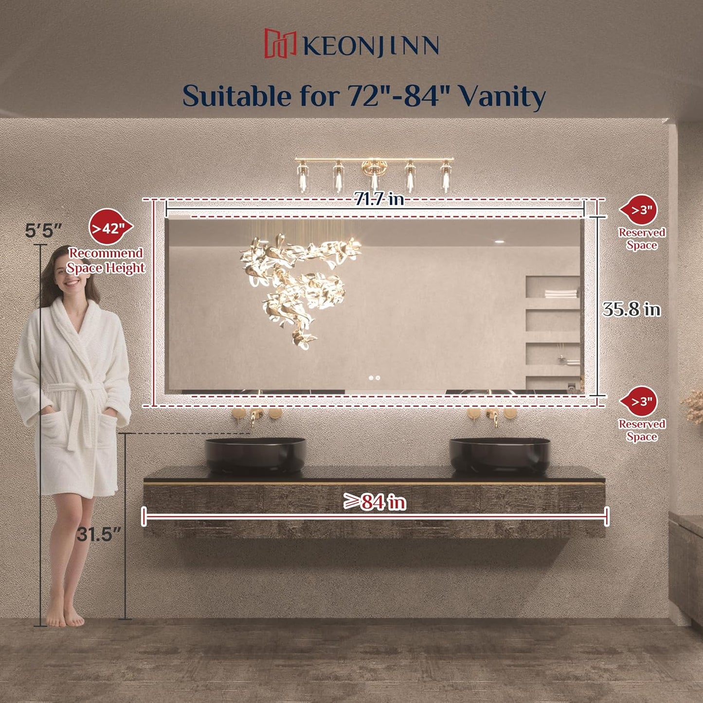 Keonjinn 84 x 36 Inch Oversized Backlit Bathroom Mirror with Lights, Large LED Vanity Mirror for Wall, Frameless Beveled Edge, Tempered Glass, UL-Listed, 3000K/4500K/6500K, Defogging, Dimmable