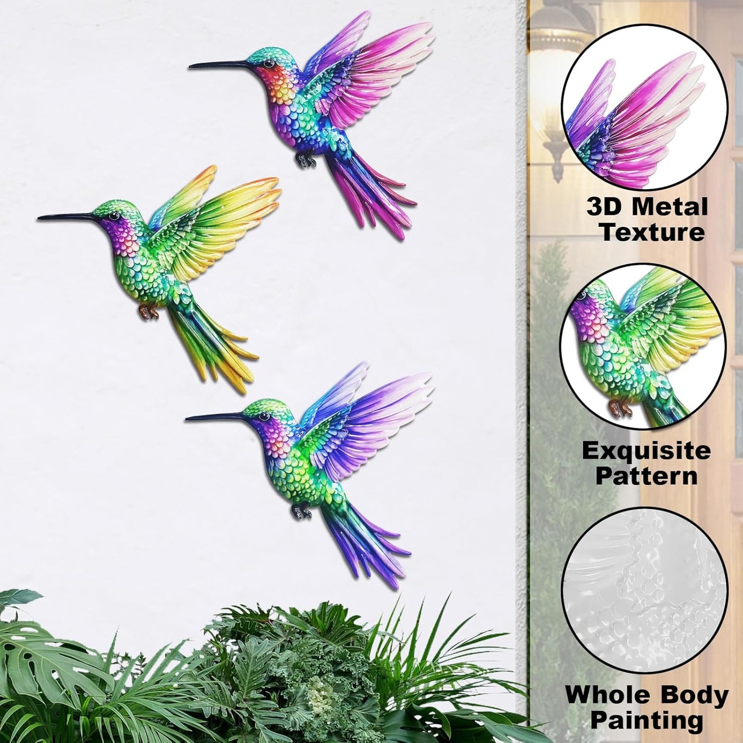 John's Studio 3Pcs Metal Hummingbird Wall Decor Outdoor Garden Hanging Art Sculptures Home Theme Decorations for Kitchen Bathroom and Pool