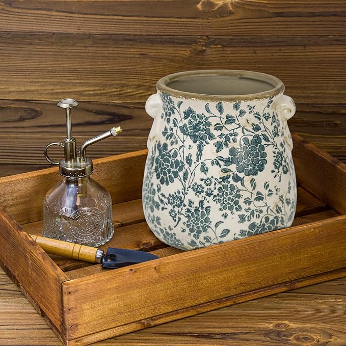 Teal Ceramic Pot for Planter, Vintage Flower Pot with Drainage Holes, 6.3 inch Ice Crack Glazed Indoor Planters Pot with Handle (Cyan)