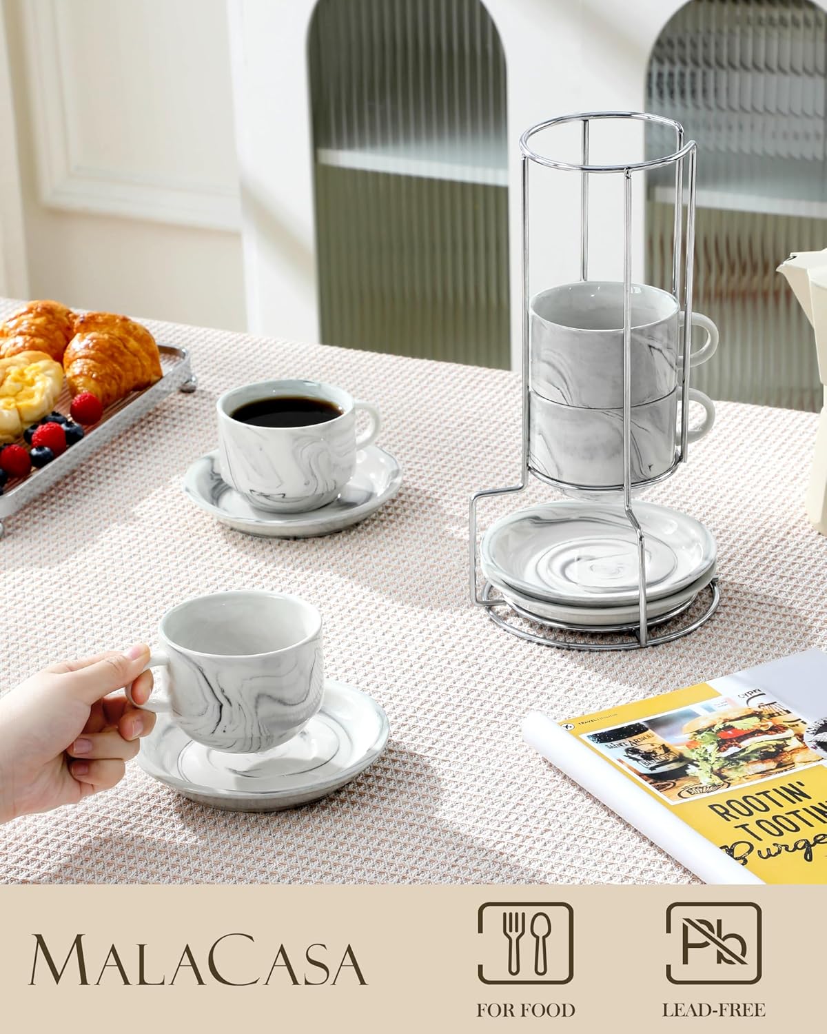 MALACASA 8 OZ Porcelain Espresso Cups with Saucers and Metal Stand Set of 4, Stackable Cappuccino Cups, Marble Gray Expresso Shots Cup Set for Coffee Drinks, Latte, Tea