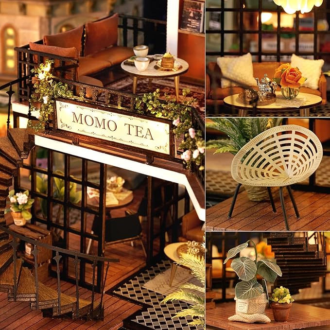 TuKIIE DIY Miniature Dollhouse Furniture Kit, 1:24 Scale Creative Room Wooden Doll House Accessories Plus Dust Proof & Music Movement for Kids Teens Adults(Forest Teashop)