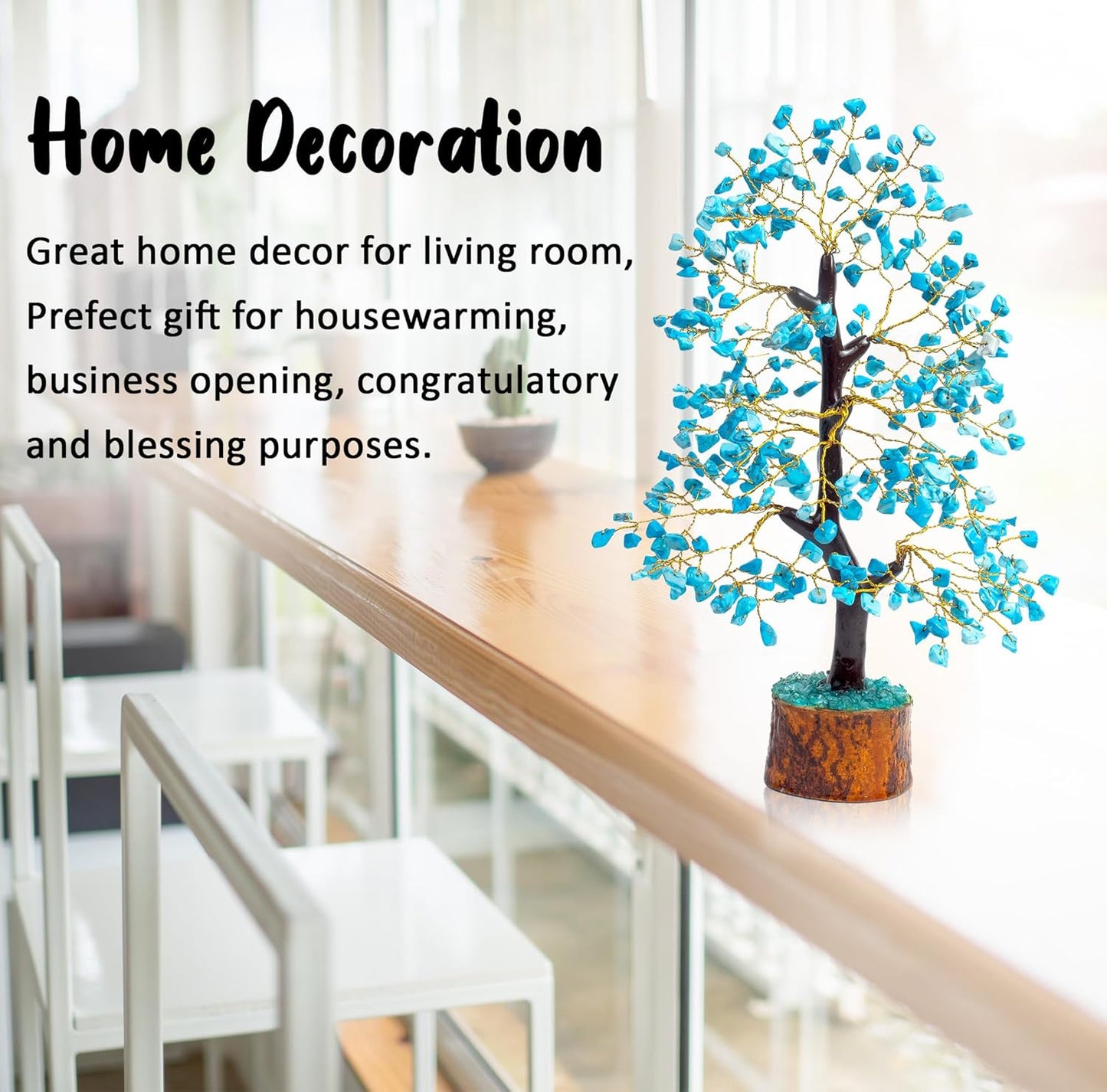 Crocon Turquoise Gemstone Tree Feng Shui Figurine Money Bonsai Good Luck Chakra Balancing Reiki Healing Crystals Decoration Ornament Sculpture Prosperity Table Decor Gift Size 10-12"""