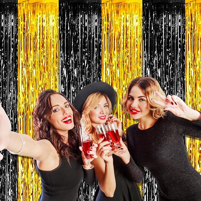 4 Pack Black Gold Foil Fringe Curtain Backdrop, 3.28Ft x 9.8Ft Metallic Tinsel Foil Fringe Streamers Curtains for Photo Booth, Wedding, Graduation, Birthday, Carnival Party Decoration