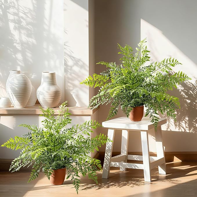 2 Pack Artificial Fern Plants in Pots Artificial Boston Ferns Potted Plants Faux Fern Bush Plant Shrubs Greenery for Outdoor Indoor Porch Patio Farmhouse Garden Living Room Office Table Decor (Type 2)