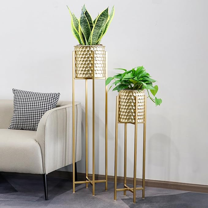 TRIROCKS Set of 2 Planters with Stand Indoor Outdoor Metal Gold Planters for Indoor Plants 30 &40" Tall Morden Planters Flower Pots for Living Room Corner Kitchen Office Garden Balcony Patio Decor